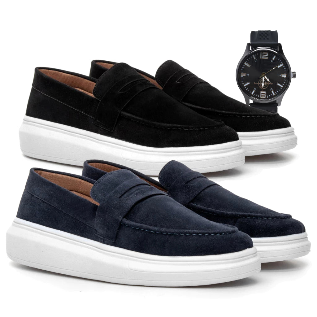 Kit 2 Pares Mocassim Masculino E Relógio Moda Social