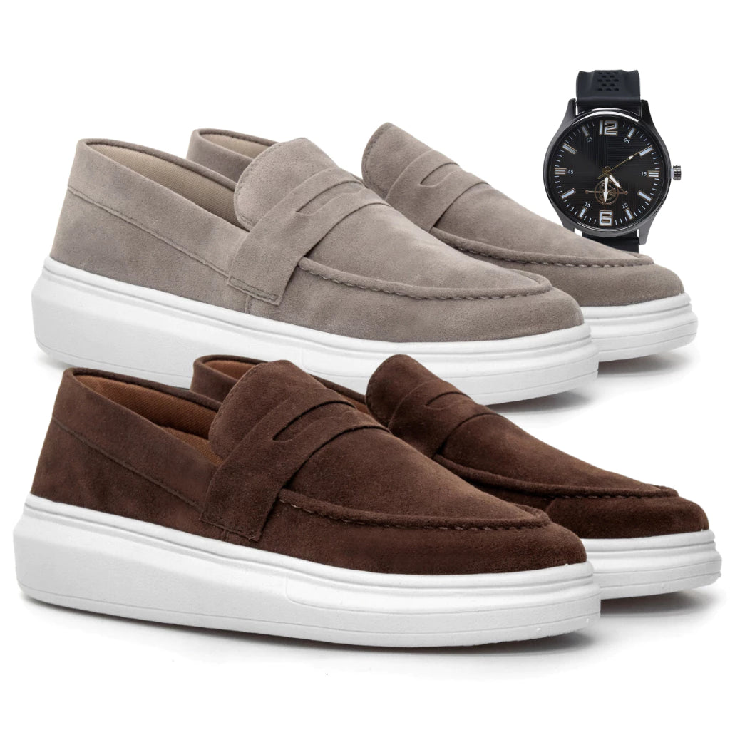 Kit 2 Pares Mocassim Masculino E Relógio Moda Social