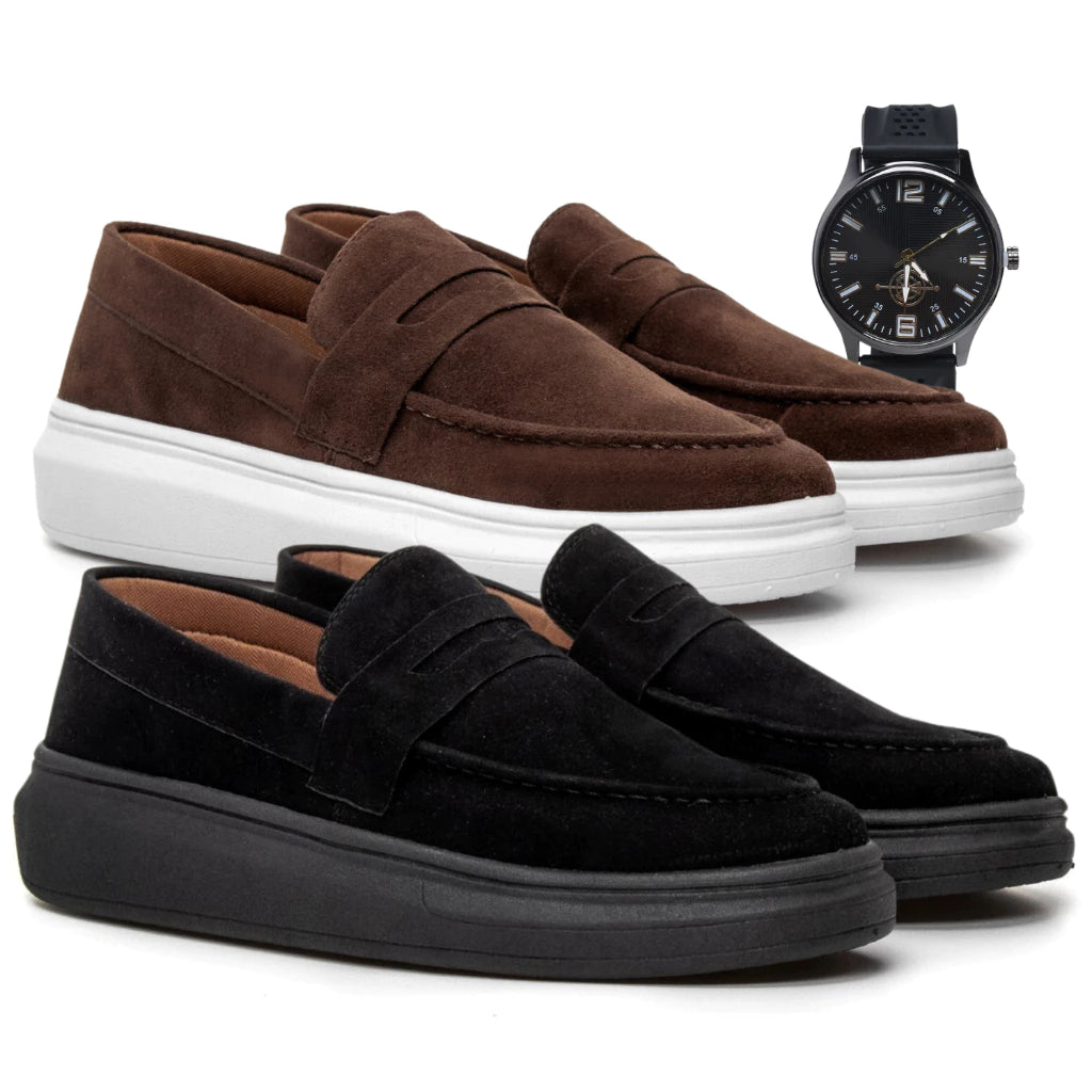 Kit 2 Pares Mocassim Masculino E Relógio Moda Social