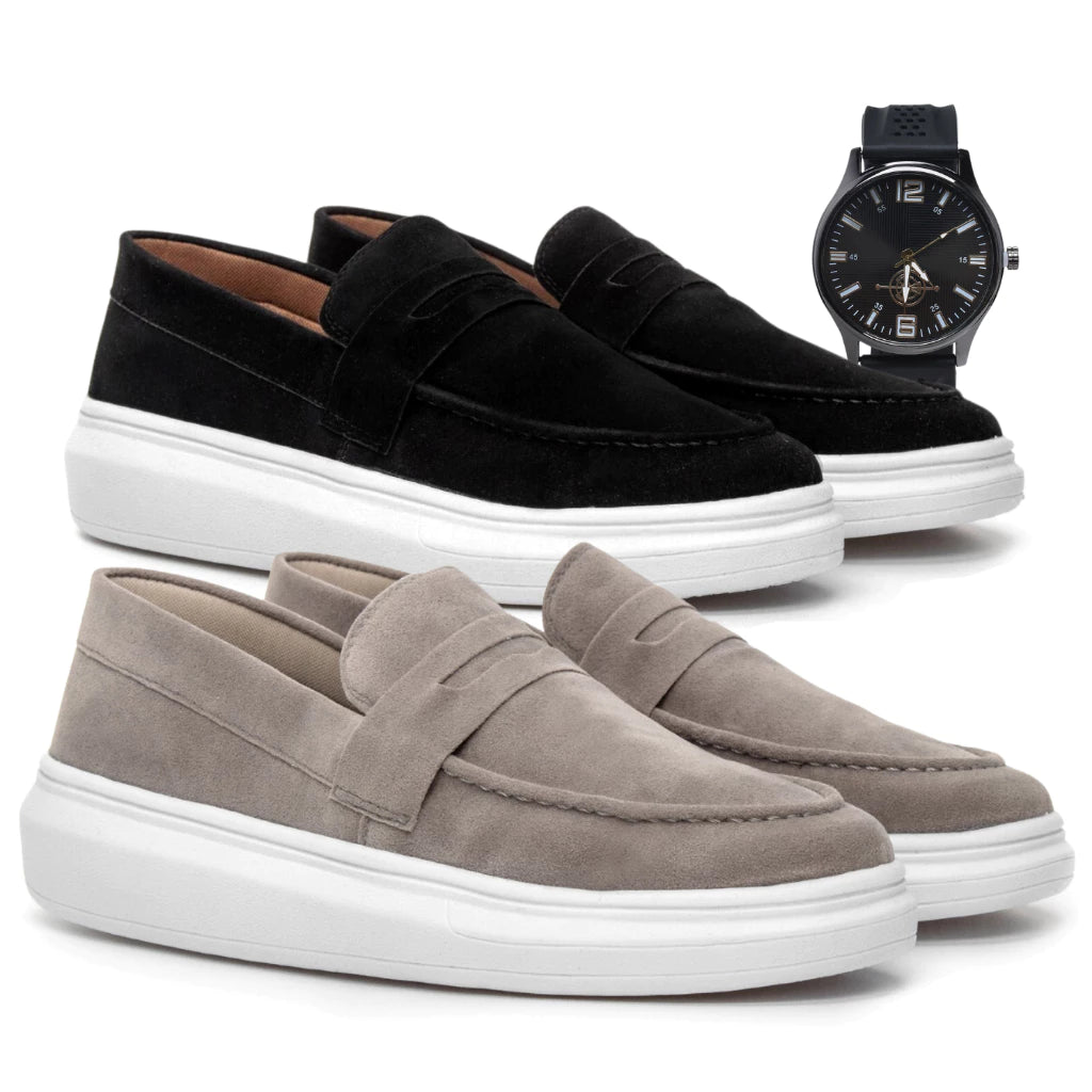 Kit 2 Pares Mocassim Masculino E Relógio Moda Social