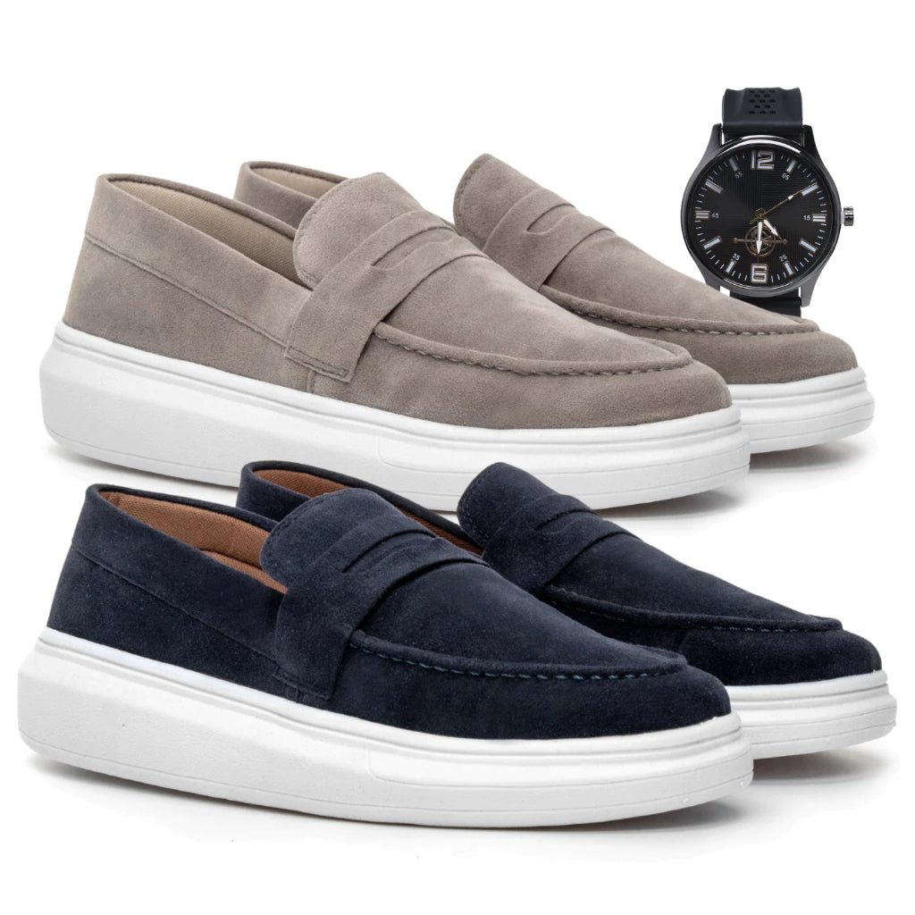 Kit 2 Pares Mocassim Masculino E Relógio Moda Social