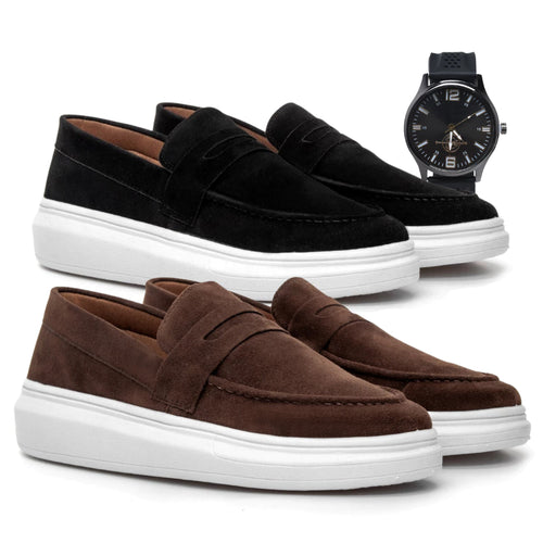 Kit 2 Pares Mocassim Masculino E Relógio Moda Social